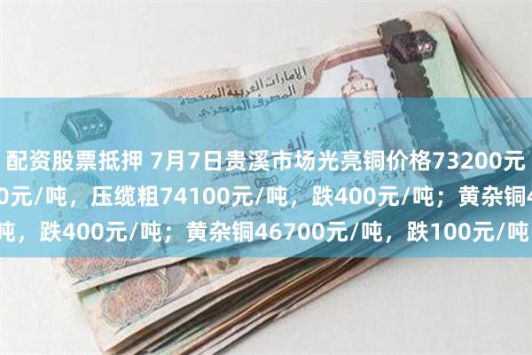 配资股票抵押 7月7日贵溪市场光亮铜价格73200元/吨，低压缆粗73600元/吨，压缆粗74100元/吨，跌400元/吨；黄杂铜46700元/吨，跌100元/吨。